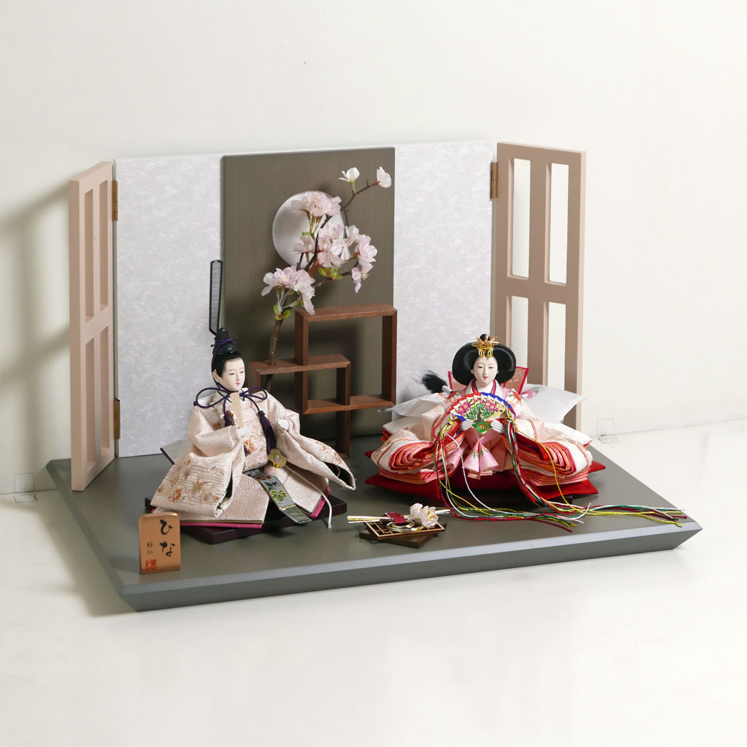 モカ色の桜刺繍衣装雛人形フレーム桜グレー親王飾り