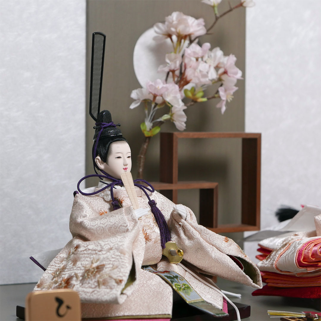 モカ色の桜刺繍衣装雛人形フレーム桜グレー親王飾り
