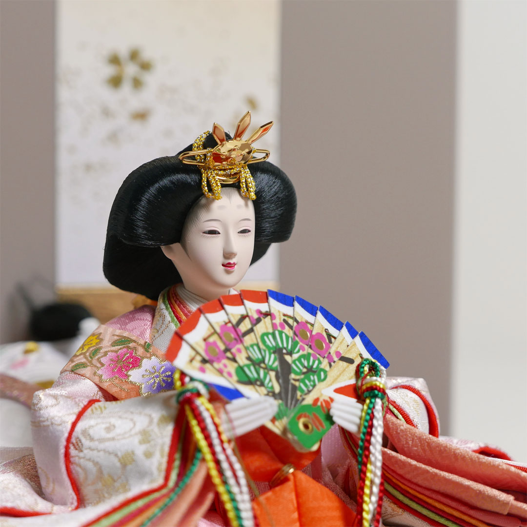 薄ピンクと薄緑の流水桜衣装雛人形金箔チラシモカ親王飾り