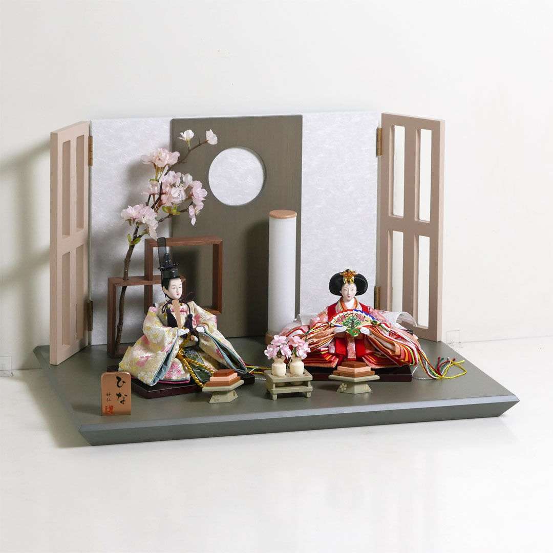 オレンジと黄色の桜柄衣装雛人形フレーム桜グレー親王飾り