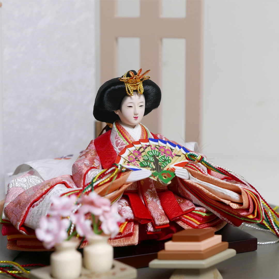 オレンジと黄色の桜柄衣装雛人形フレーム桜グレー親王飾り