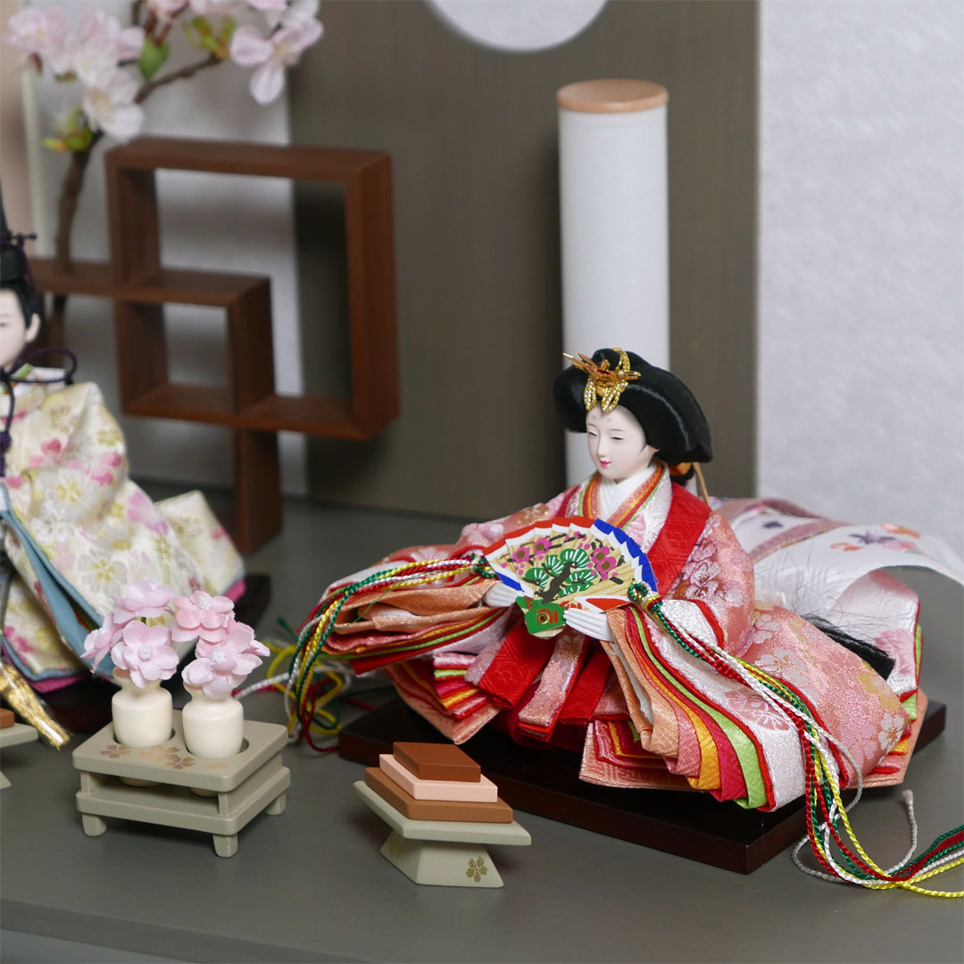 オレンジと黄色の桜柄衣装雛人形フレーム桜グレー親王飾り