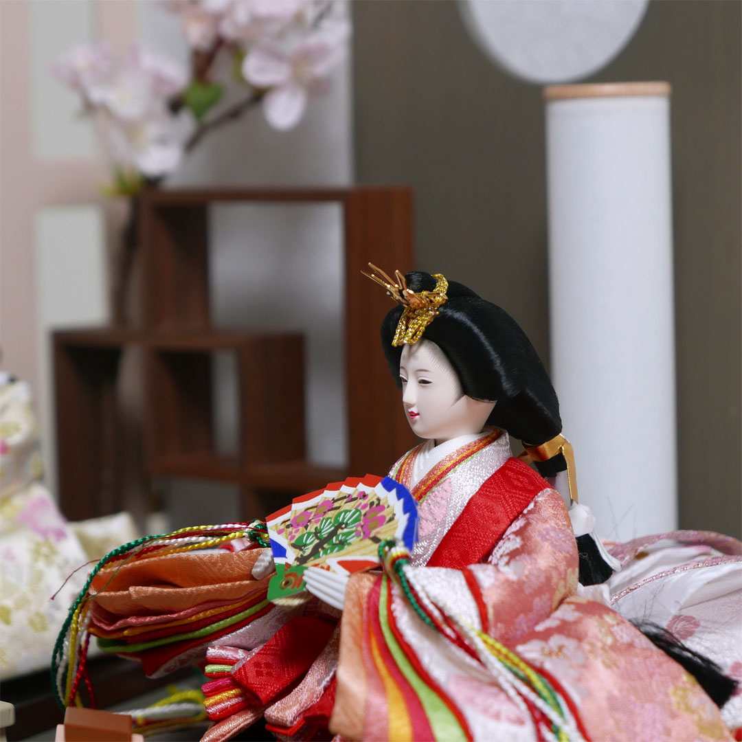 オレンジと黄色の桜柄衣装雛人形フレーム桜グレー親王飾り