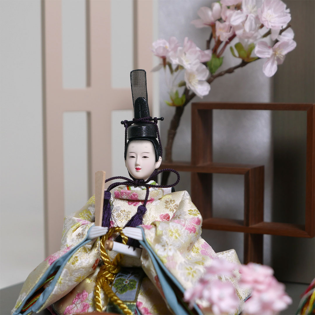 オレンジと黄色の桜柄衣装雛人形フレーム桜グレー親王飾り