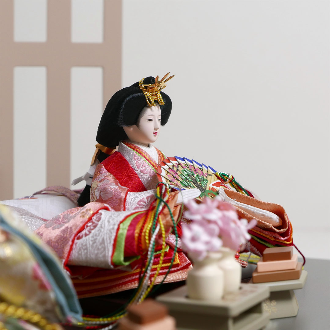 オレンジと黄色の桜柄衣装雛人形フレーム桜グレー親王飾り