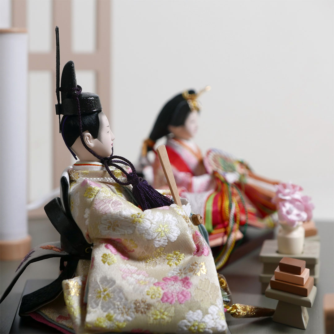 オレンジと黄色の桜柄衣装雛人形フレーム桜グレー親王飾り