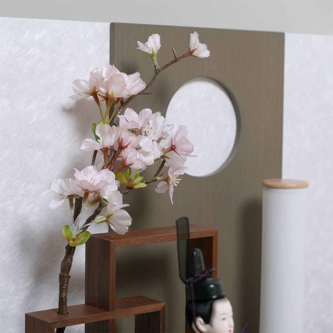 オレンジと黄色の桜柄衣装雛人形フレーム桜グレー親王飾り