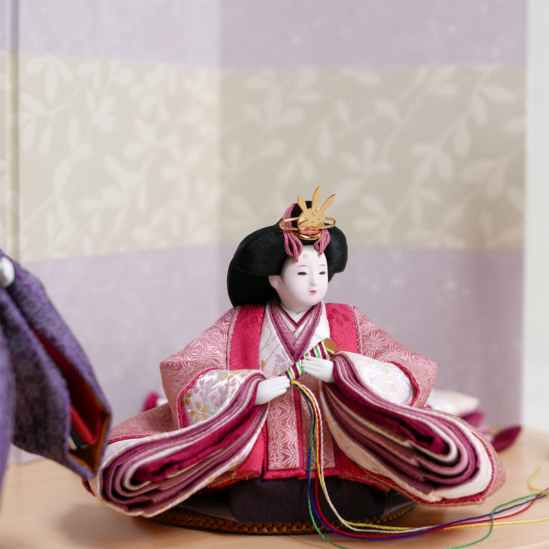柴田家千代作 麻の葉柄衣装雛人形紫萩屏風親王飾りが安い 雛人形親王