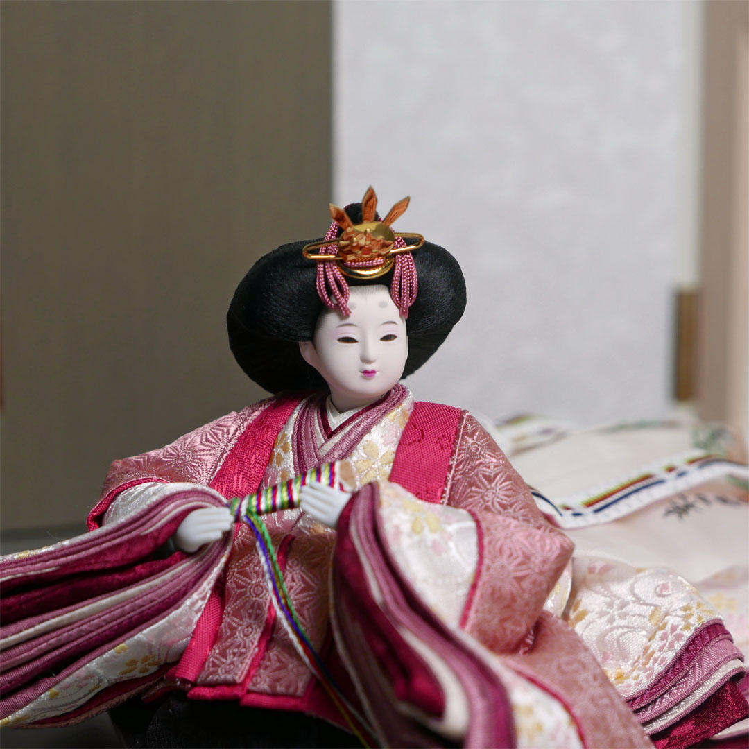 柴田家千代作 麻の葉柄衣装雛人形フレーム桜グレー親王飾り