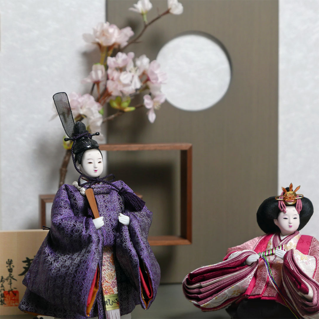 柴田家千代作 麻の葉柄衣装雛人形フレーム桜グレー親王飾り