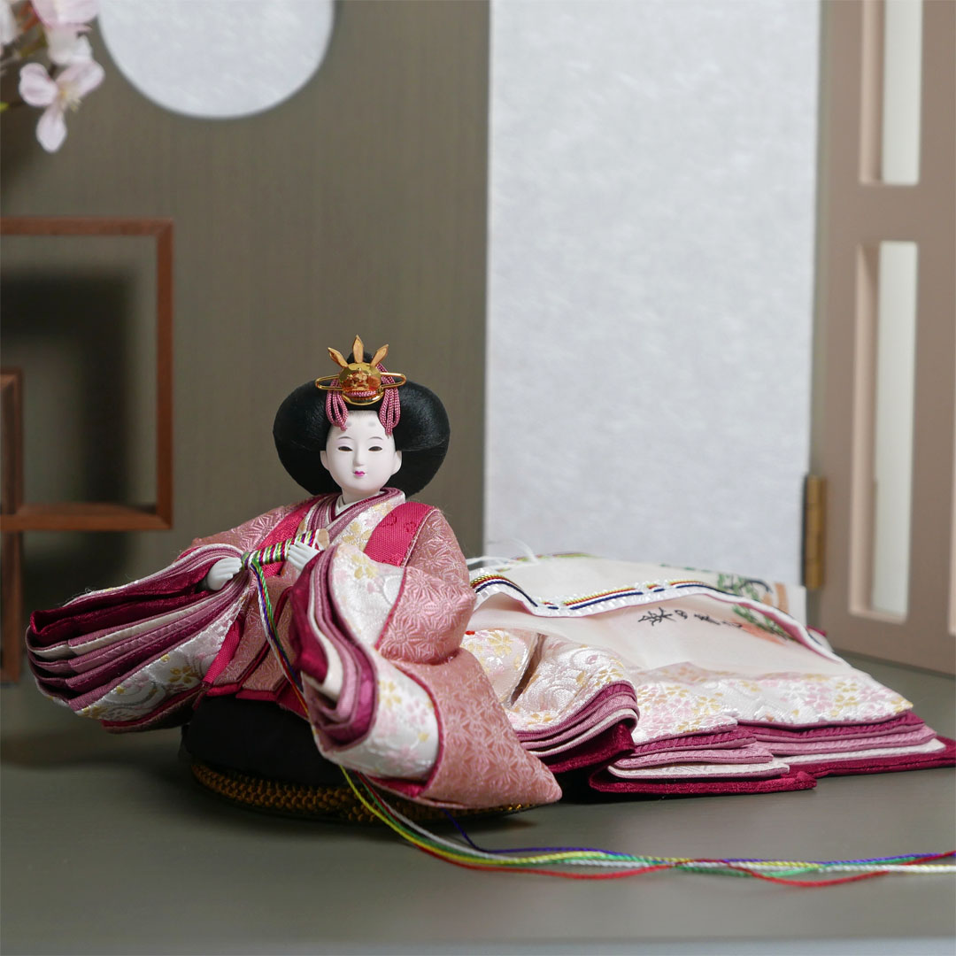 柴田家千代作 麻の葉柄衣装雛人形フレーム桜グレー親王飾り