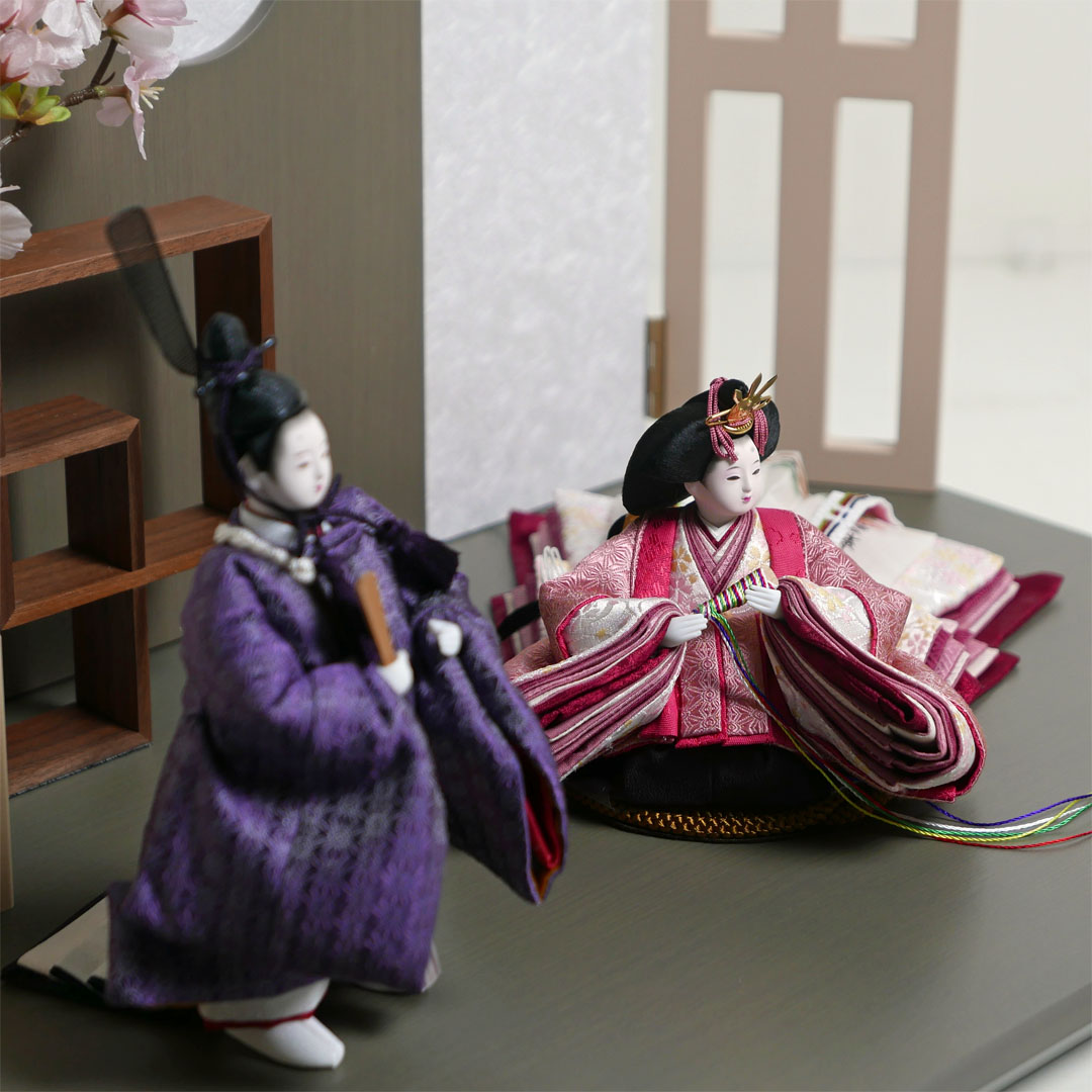 柴田家千代作 麻の葉柄衣装雛人形フレーム桜グレー親王飾り