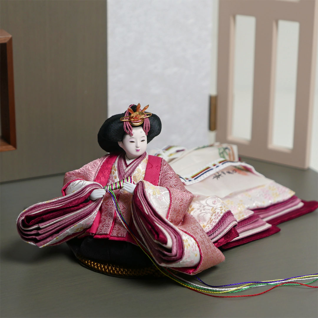 柴田家千代作 麻の葉柄衣装雛人形フレーム桜グレー親王飾り
