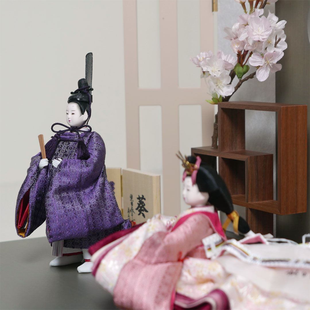 柴田家千代作 麻の葉柄衣装雛人形フレーム桜グレー親王飾り