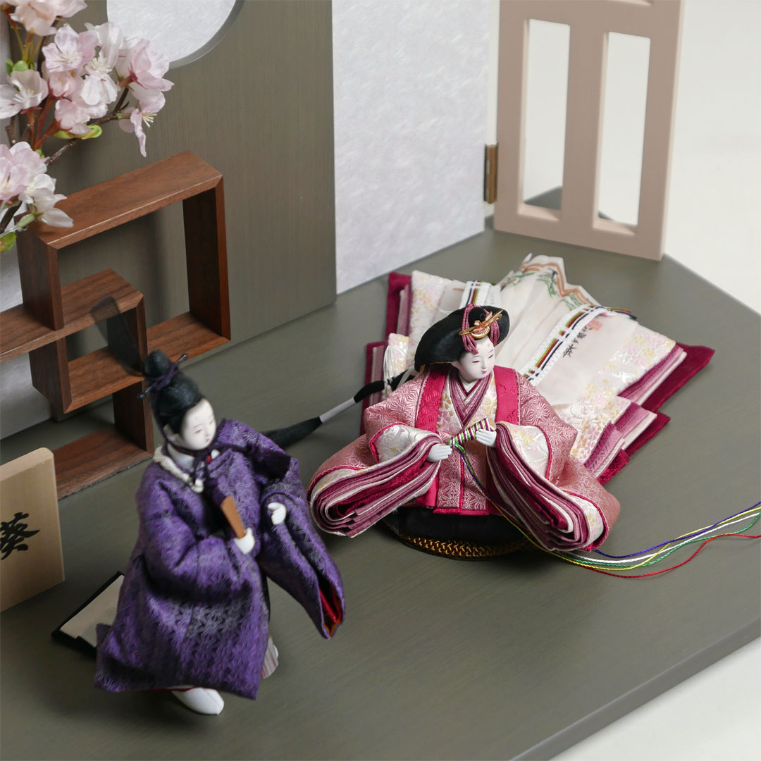 柴田家千代作 麻の葉柄衣装雛人形フレーム桜グレー親王飾り