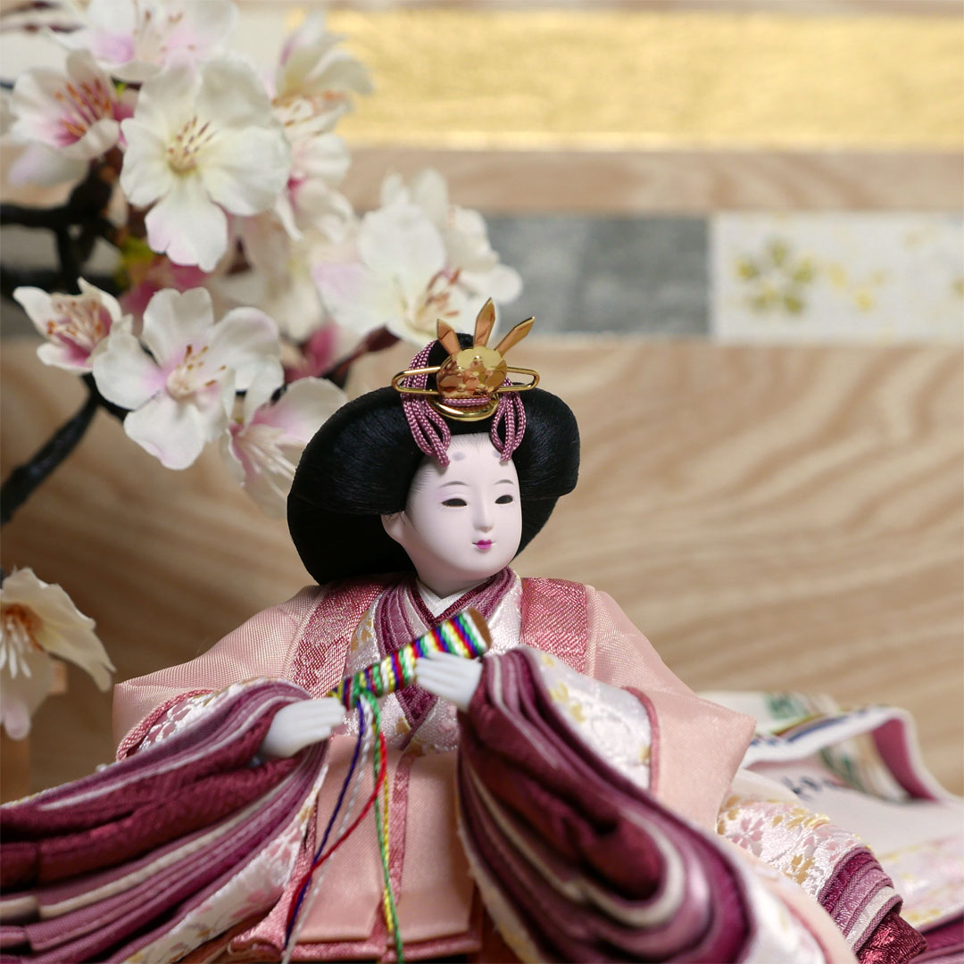 柴田家千代作 手描き桜ピンク衣装雛人形木目屏風大桜親王飾り