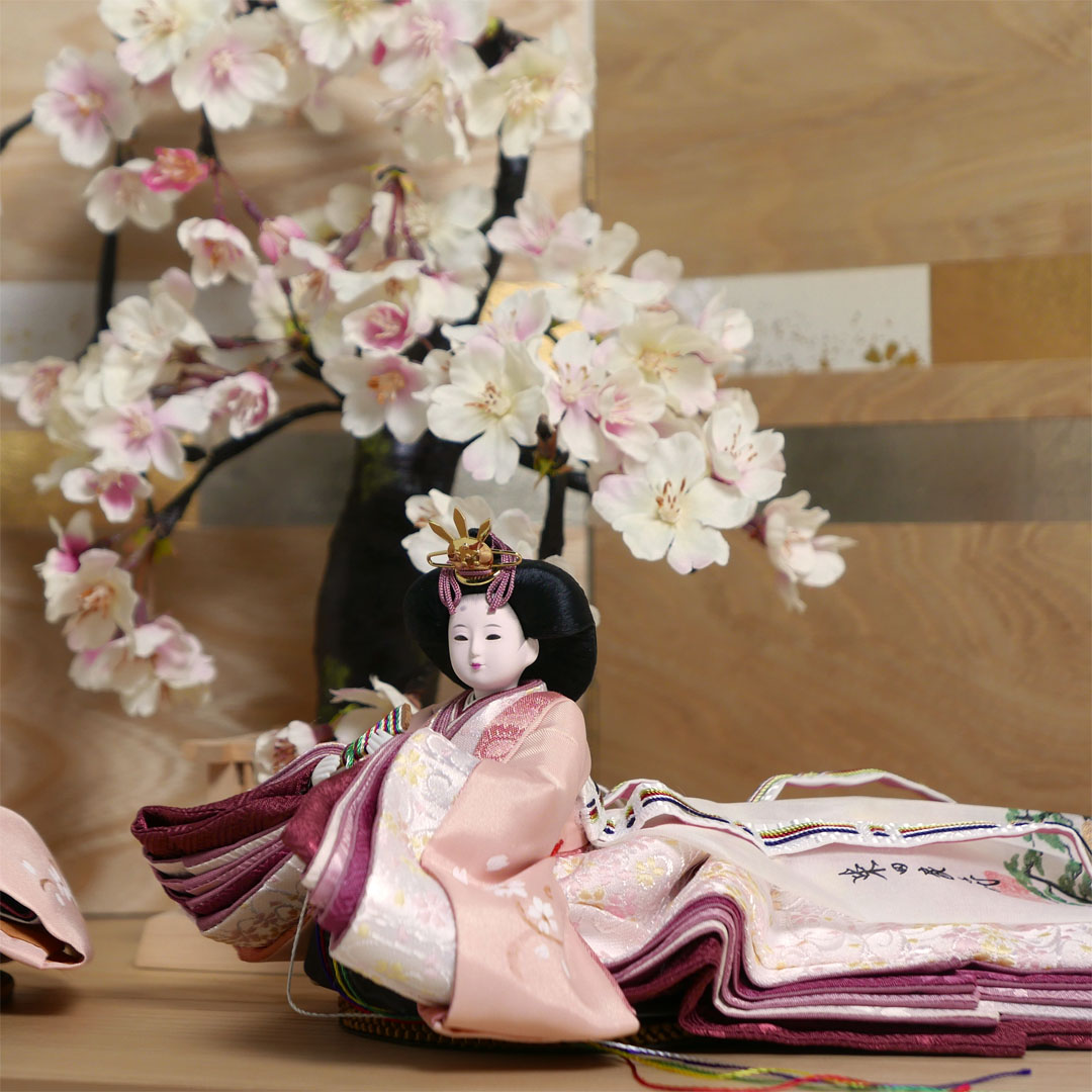 柴田家千代作 手描き桜ピンク衣装雛人形木目屏風大桜親王飾り