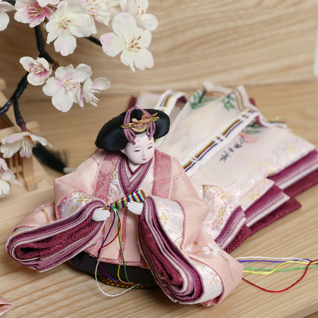 柴田家千代作 手描き桜ピンク衣装雛人形木目屏風大桜親王飾り