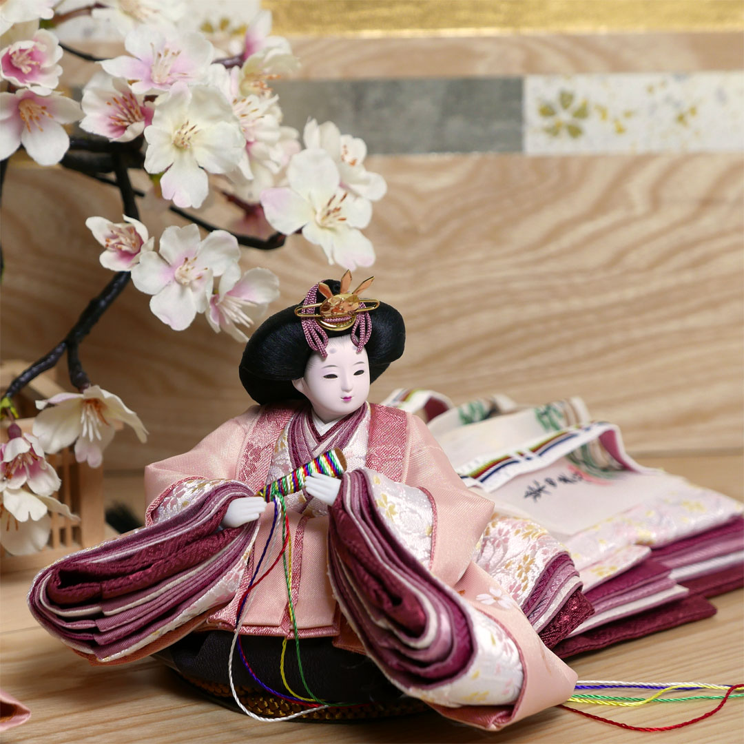柴田家千代作 手描き桜ピンク衣装雛人形木目屏風大桜親王飾り