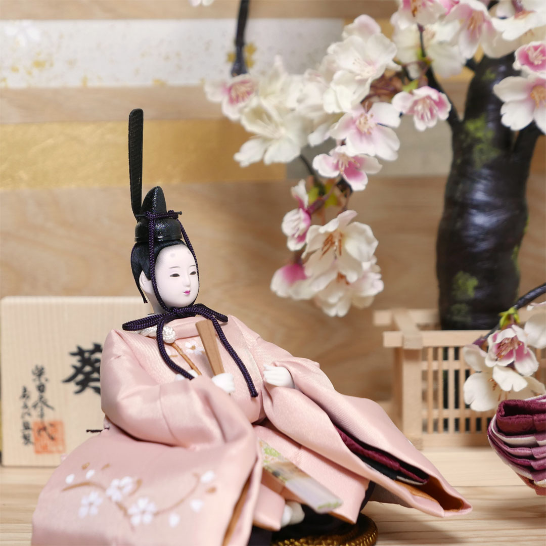 柴田家千代作 手描き桜ピンク衣装雛人形木目屏風大桜親王飾り