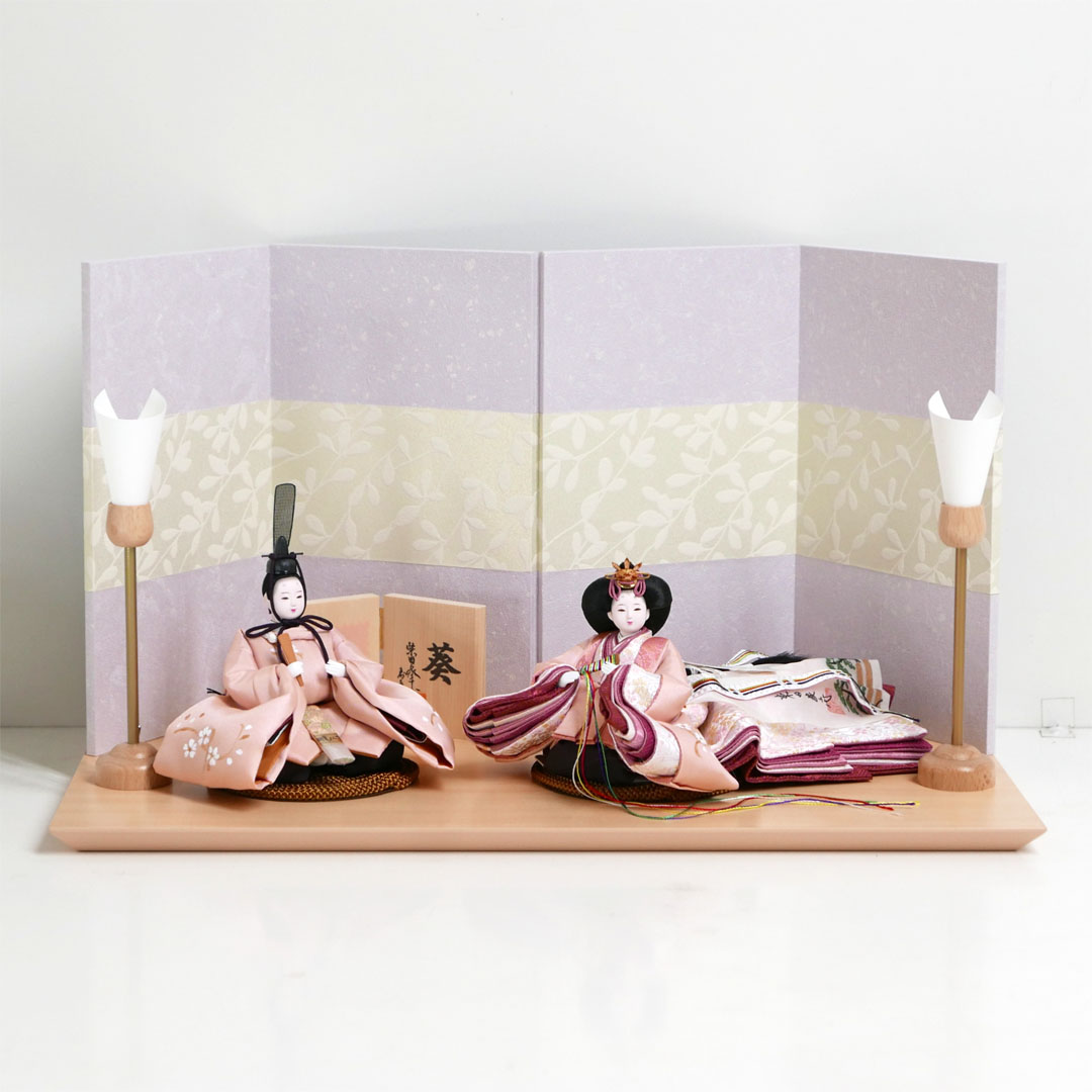 柴田家千代作 手描き桜ピンク衣装雛人形紫萩屏風親王飾りが安い 雛人形