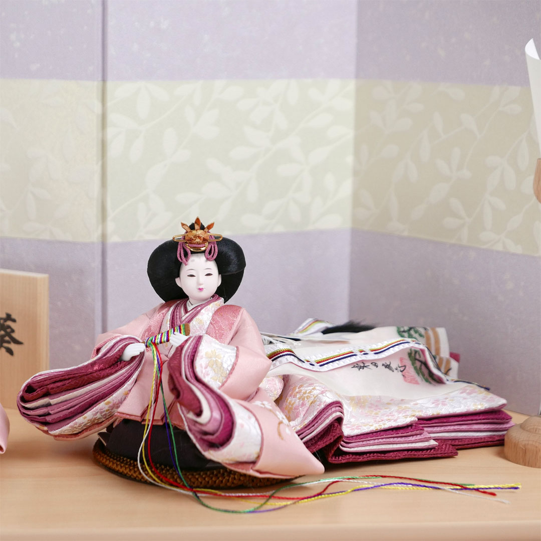 柴田家千代作 手描き桜ピンク衣装雛人形紫萩屏風親王飾り