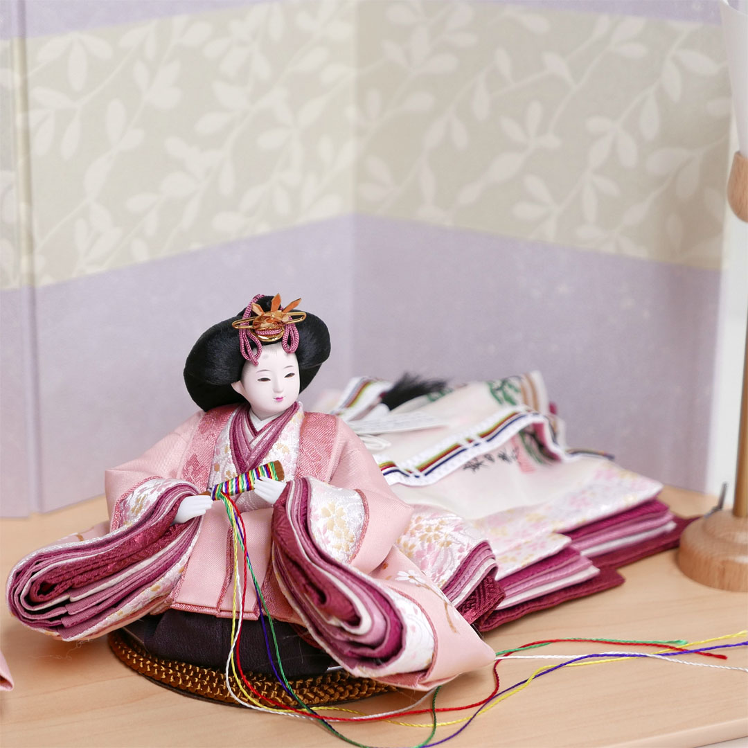 柴田家千代作 手描き桜ピンク衣装雛人形紫萩屏風親王飾り