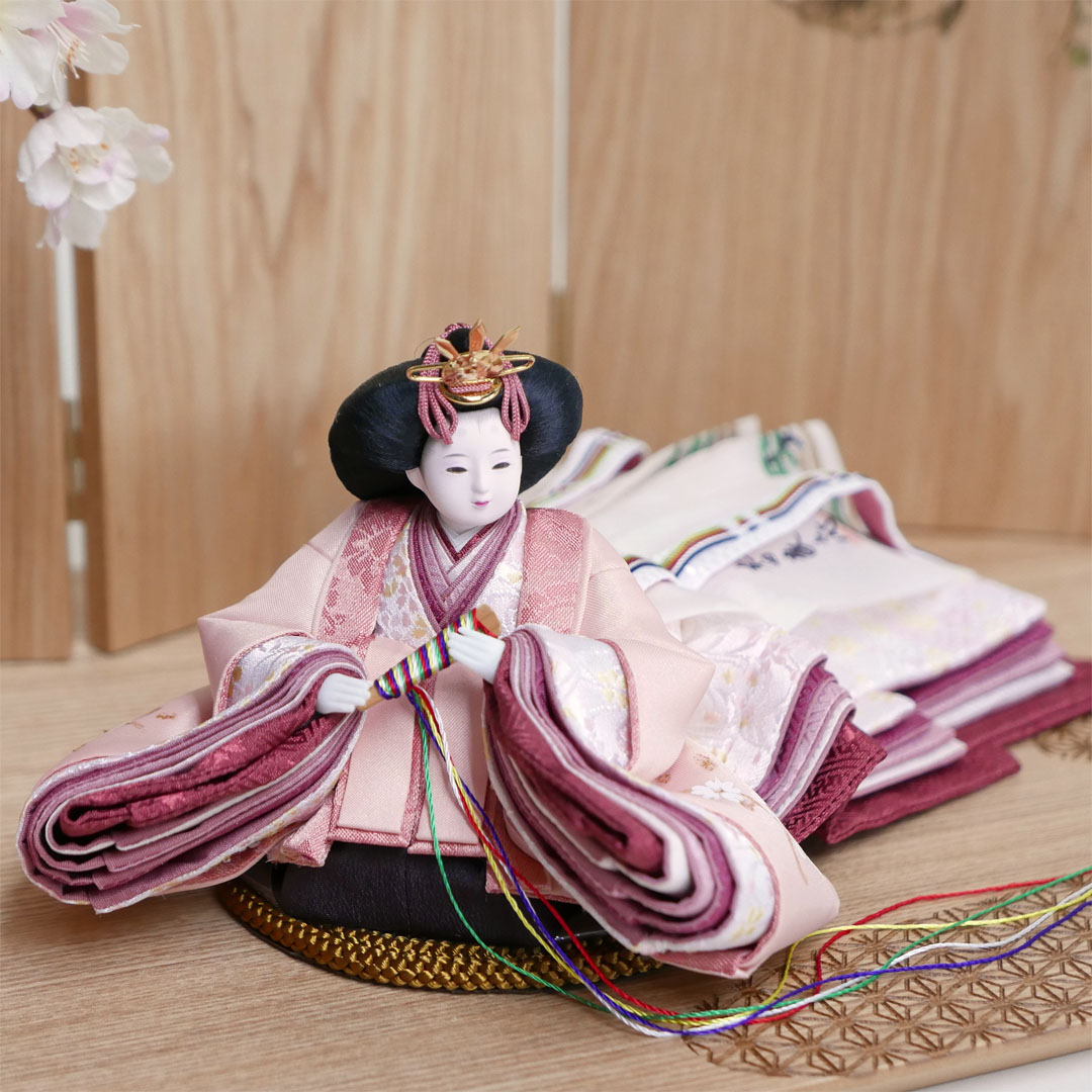 柴田家千代作 手描き桜ピンク衣装雛人形麻の葉模様親王飾り