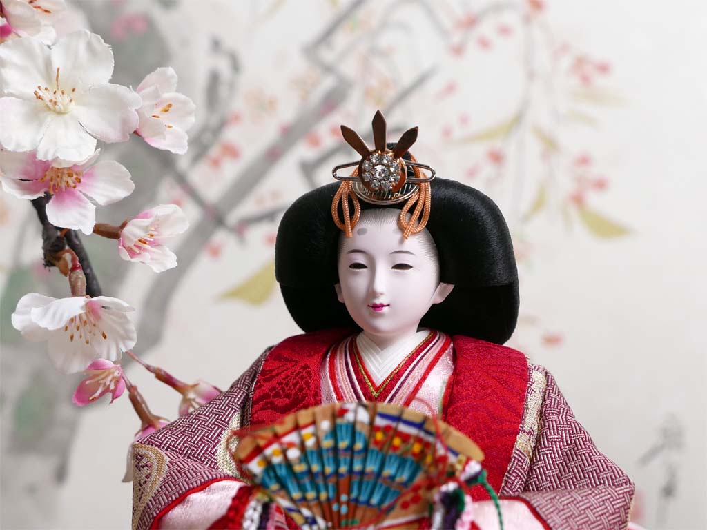 横山一彦作 名物裂糸屋輪宝手衣装の雛人形手描き桜屏風大桜親王飾り
