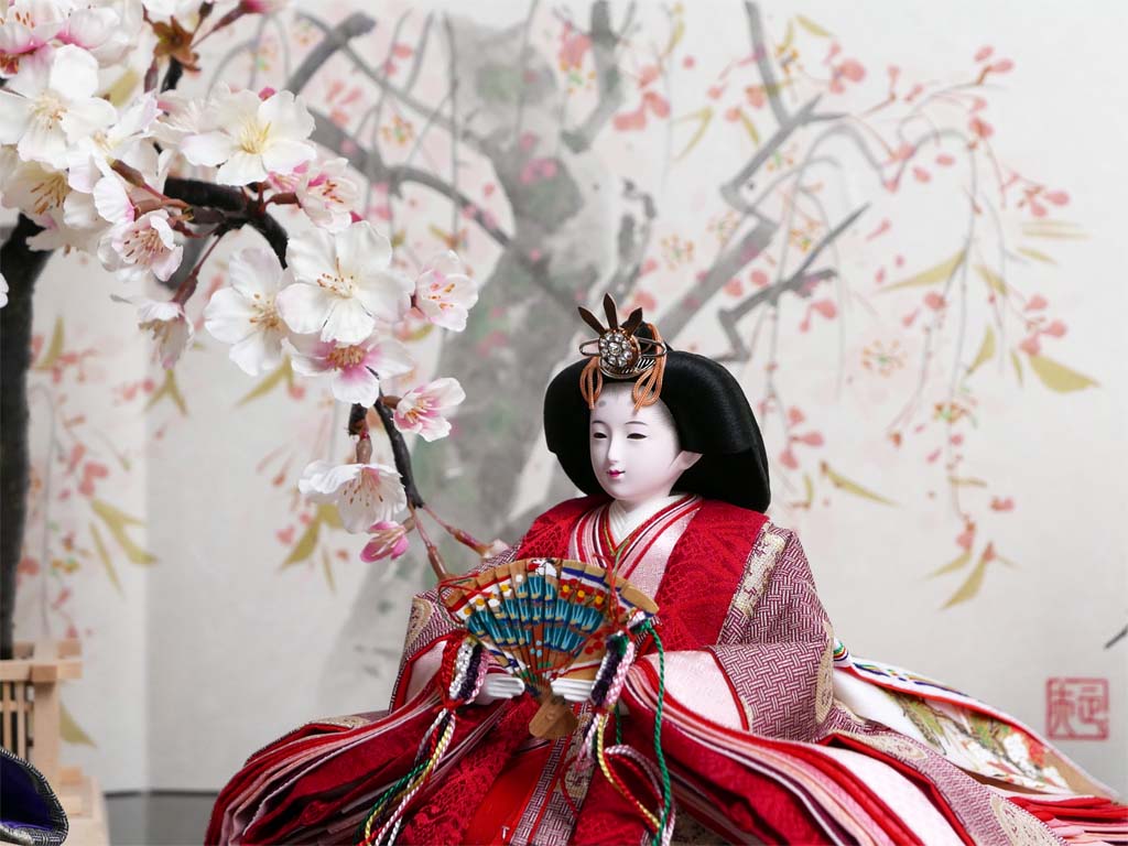横山一彦作 名物裂糸屋輪宝手衣装の雛人形手描き桜屏風大桜親王飾り