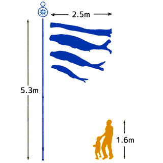 2.5mの鯉と吹流しを6mのポールで揚げ、ガーデンセットを設置した大きさと人の大きさを比較した図