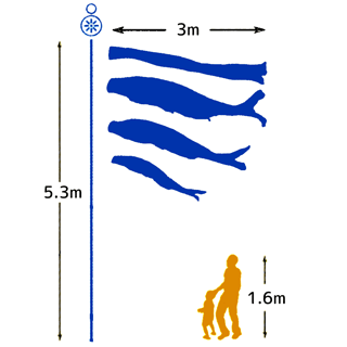 3mの鯉と吹流しを5.3mのポールで揚げ、ガーデンセットを設置した大きさと人の大きさを比較した図