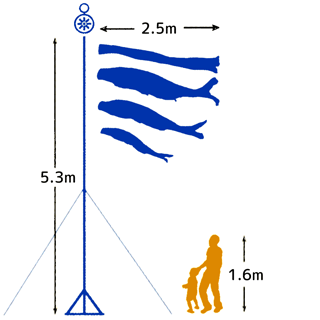 2.5mの鯉と吹流しを揚げ、大型スタンドを設置した大きさと人の大きさを比較した図