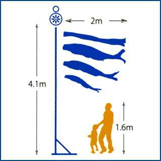 2mの鯉と吹流しを揚げ、大型スタンドを設置した大きさと人の大きさを比較した図