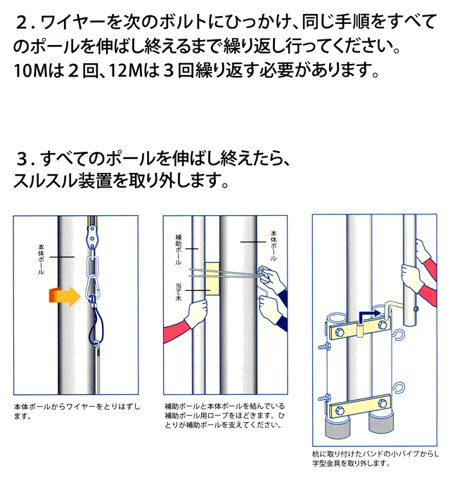 鯉のぼりポール説明書、ポールの伸ばし方その2