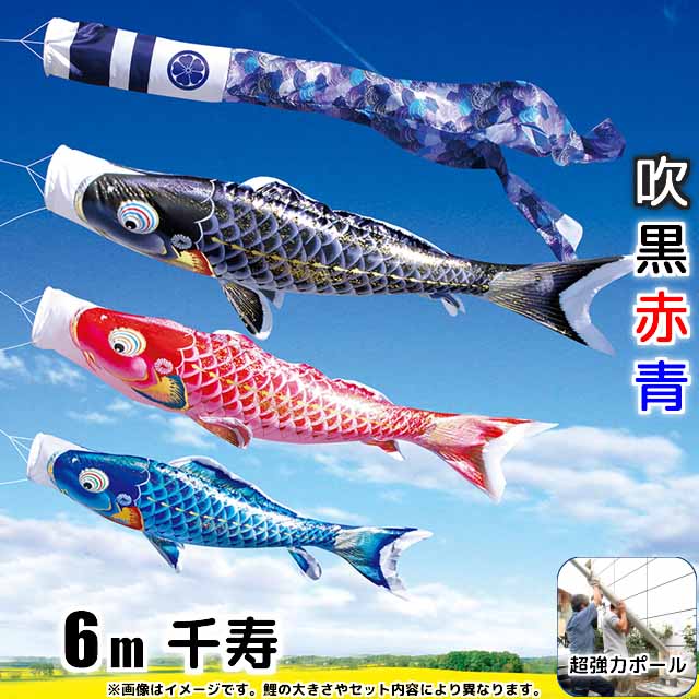 6m千寿鯉のぼりフルセットプラス(6点セット+最強ポール+ポール延長)